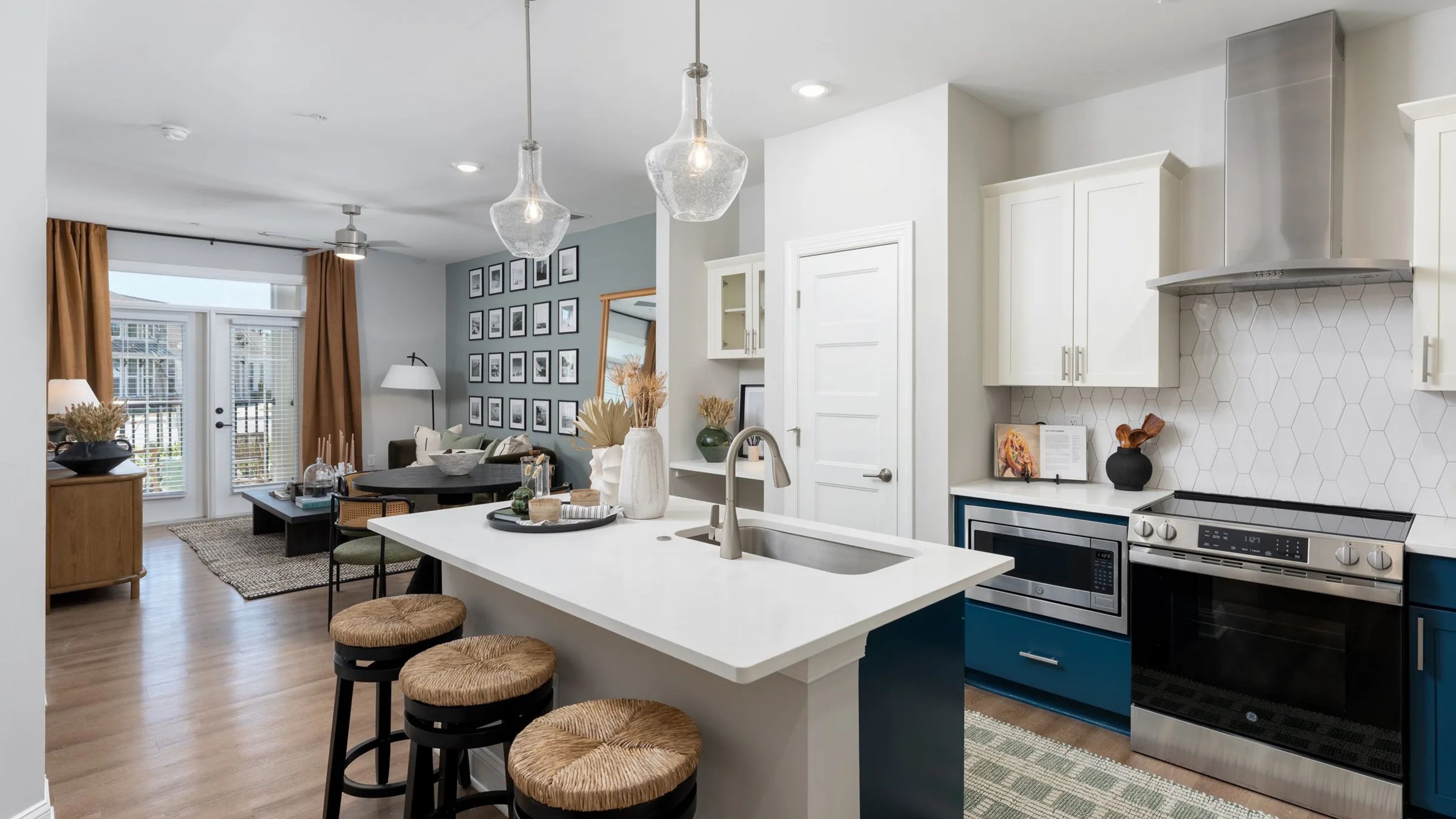 Hawthorne at Hampstead open floor layout with modern kitchen with floating island counter.