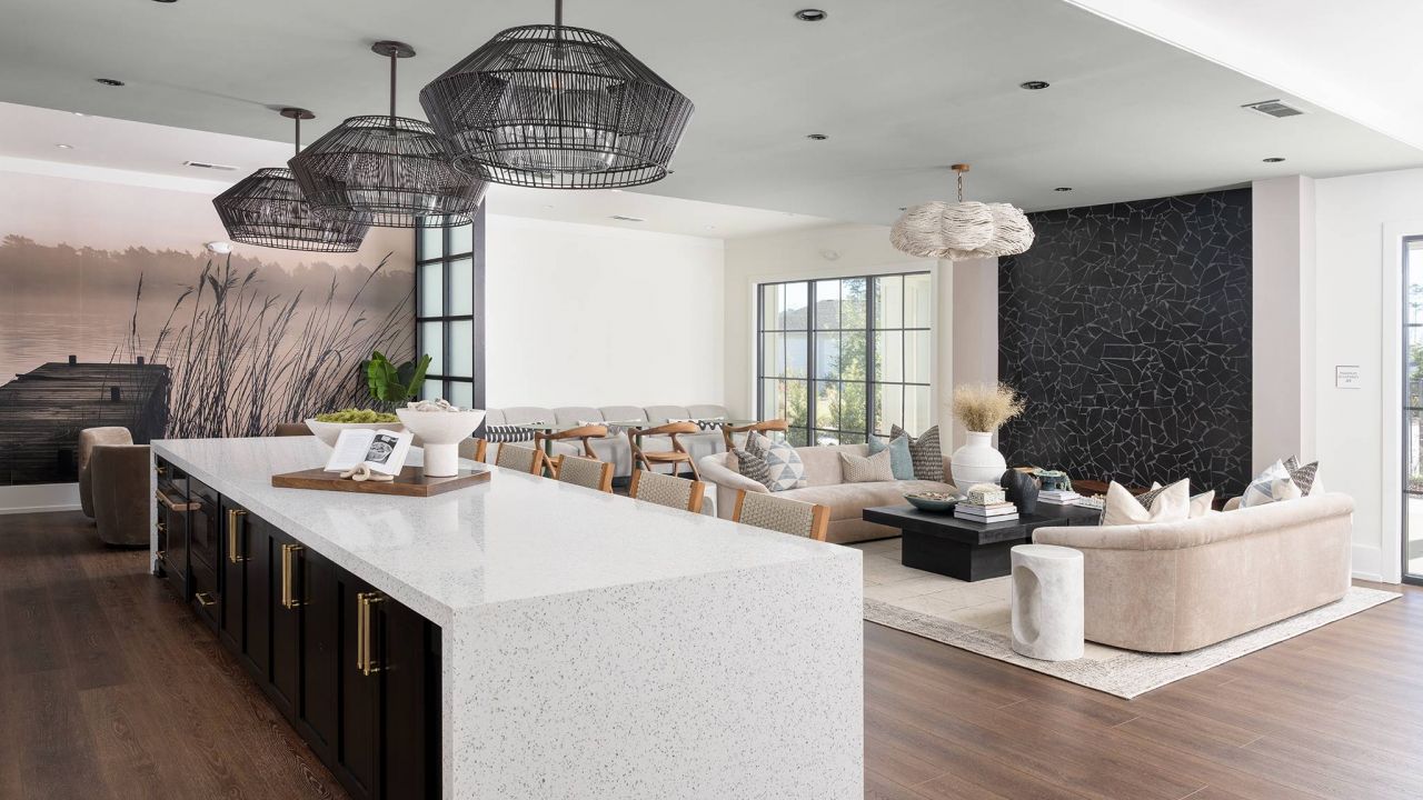 Hawthorne at Hampstead clubhouse with large island counter entertainment area and lounge chairs